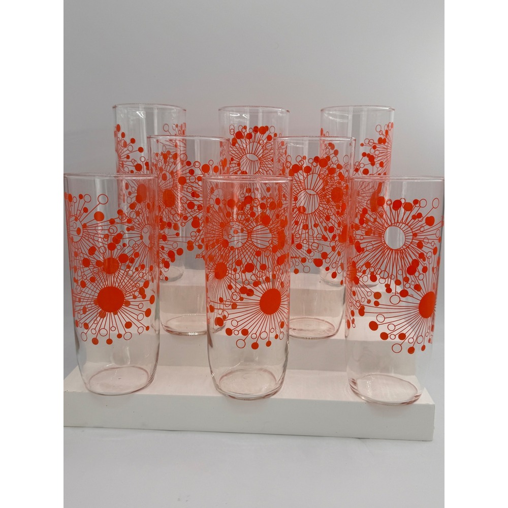 8 Vintage D Campbell Atomic Starburst Orange Glass Tumblers MCM Highball Set - Picture 3 of 8